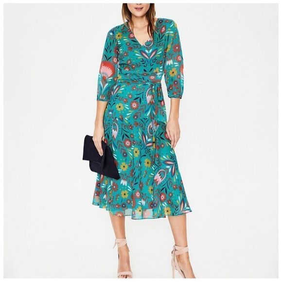 Boden Woman’s Teal Isabelle Feminine Multicolored Red Floral Midi Dress - Picture 12 of 13